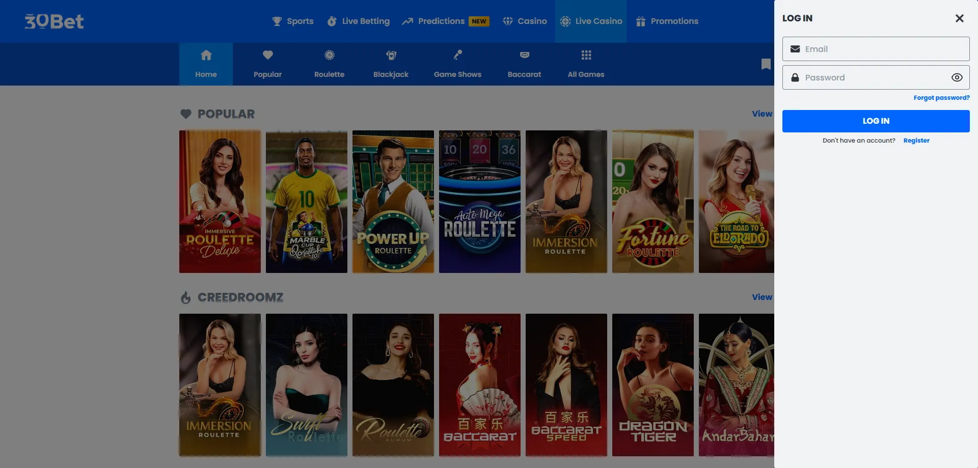 Tela de login e cadastro do 30bet Casino